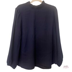 J.Crew "Ruffleneck Drapey Top" Navy Blue Long Sleeve Blouse